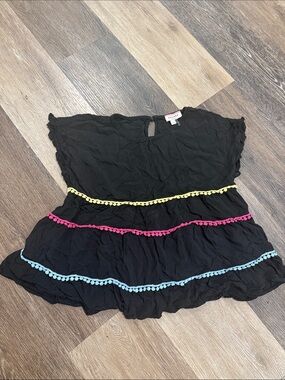 Andree Black Short-Sleeve Tiered Top with Yellow, Pink & Blue Trim